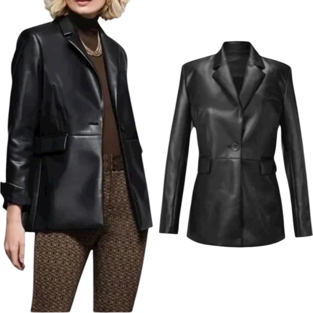 NEW CAbi James Black Faux Leather Blazer Jacket - M